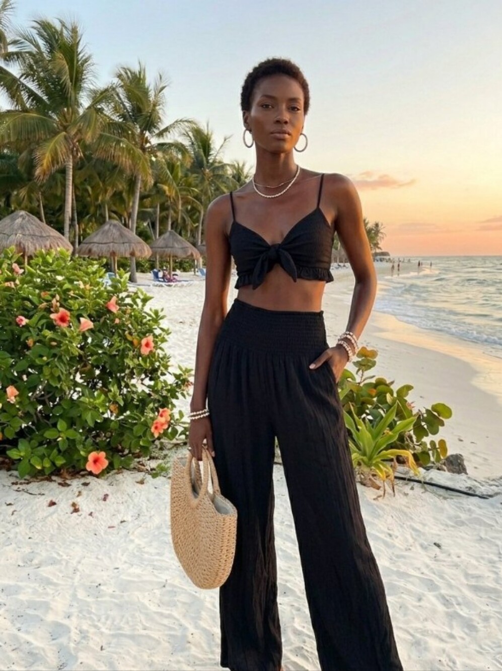 Black Wide-Leg Smocked Waist Pants